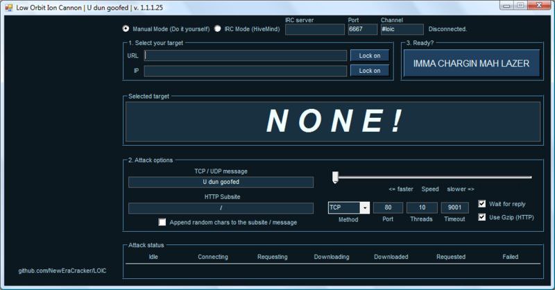 LOIC（低轨道离子炮）利用DDoS等方式，测试网站抗压能力的开源工具